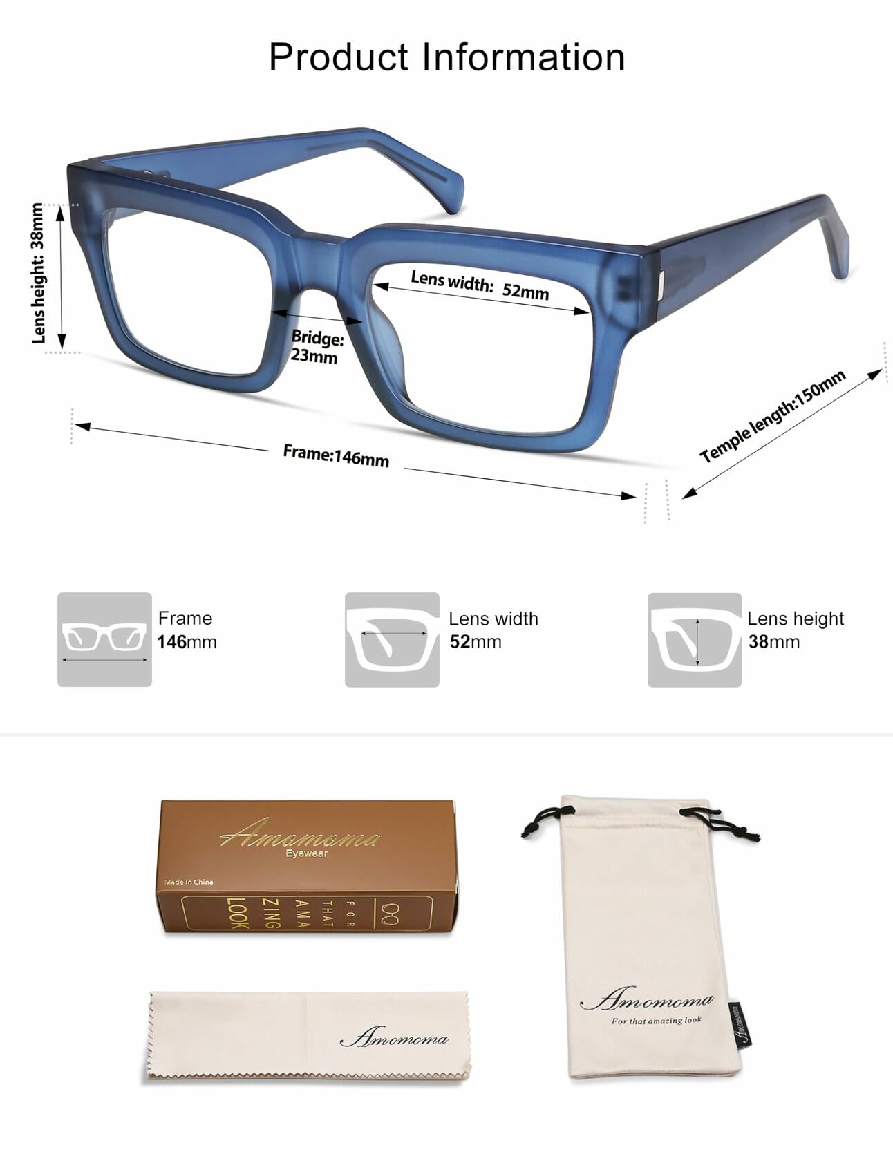 AMOMOMA Retro Square Blue Light Blocking Reading Glasses TR90 1.5 Strength