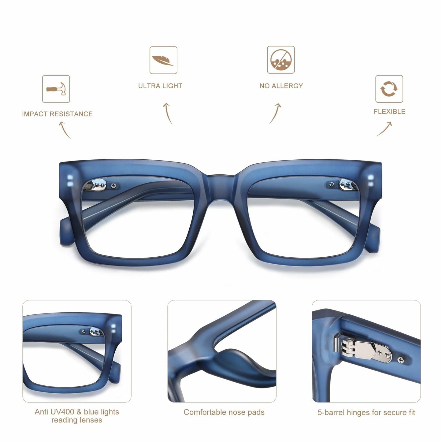 AMOMOMA Retro Square Blue Light Blocking Reading Glasses TR90 1.5 Strength