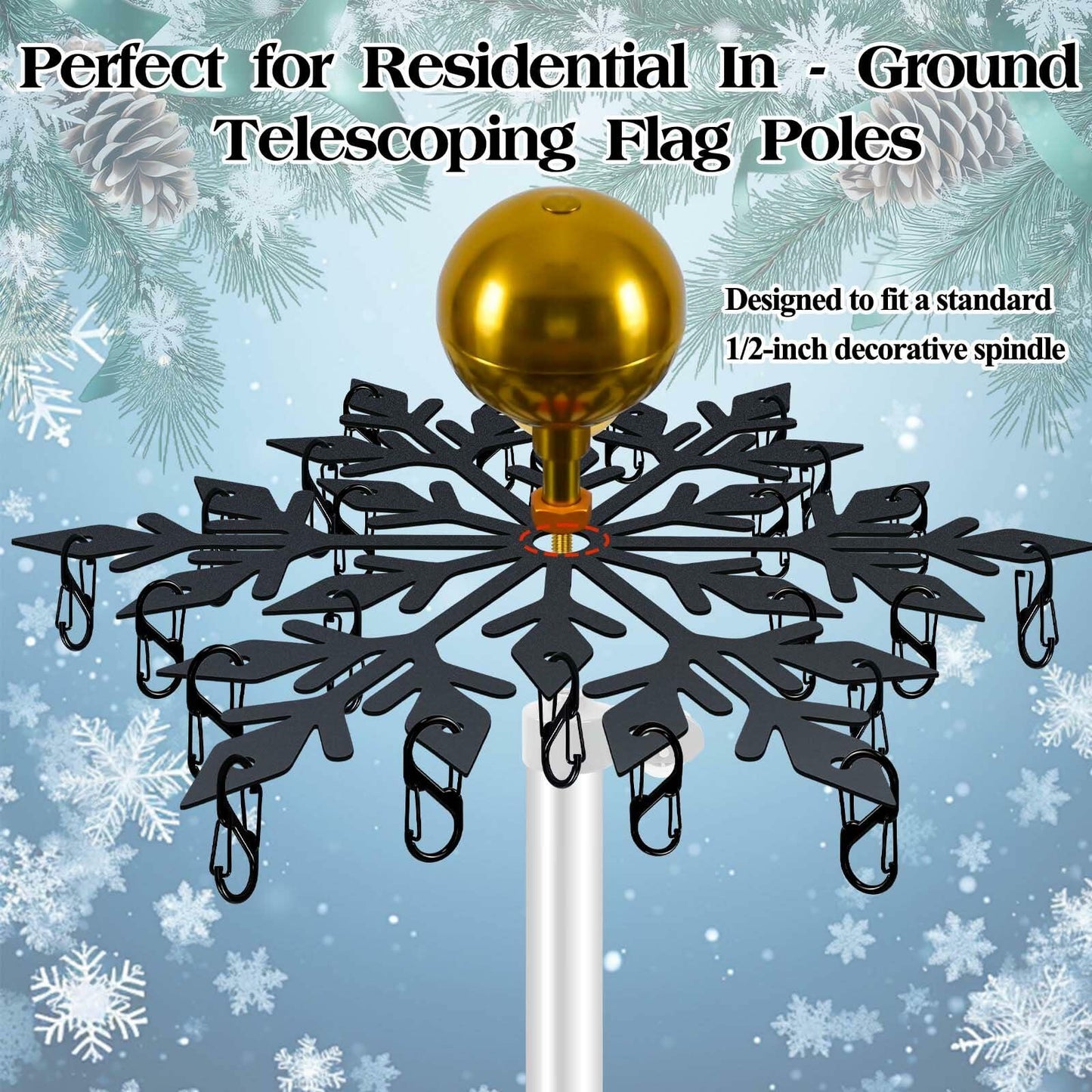 Voccos Christmas Tree Flag Pole Mega Topper Light Hooks Metal Snowflake 24 Hooks