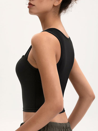 MOSSROZZ Crop Tank Top Black Ribbed Athletic Slim Fit Wide Strap Size XS