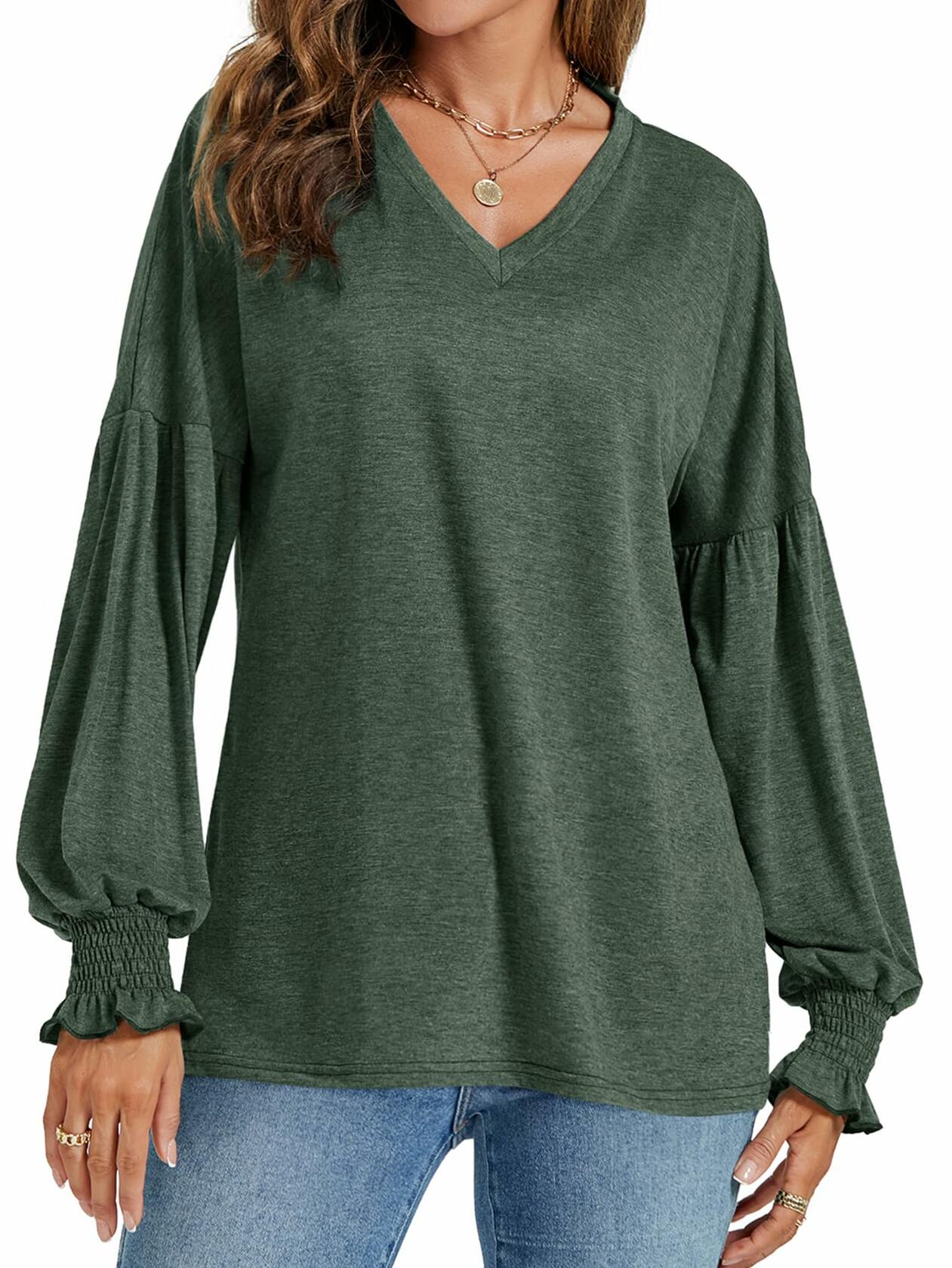 LYANER Women's V Neck Ruffle Lantern Sleeve Blouse Top Dark Green Size S