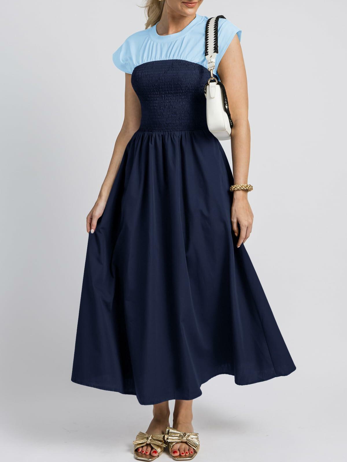 Wenrine Womens Casual Summer Midi Dress Smocked Cap Sleeve Navy Size S