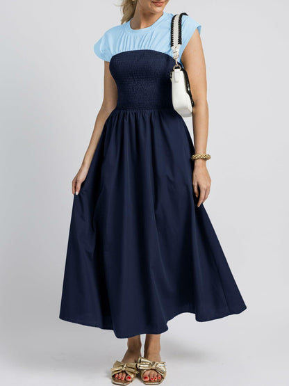 Wenrine Womens Casual Summer Midi Dress Smocked Cap Sleeve Navy Size S