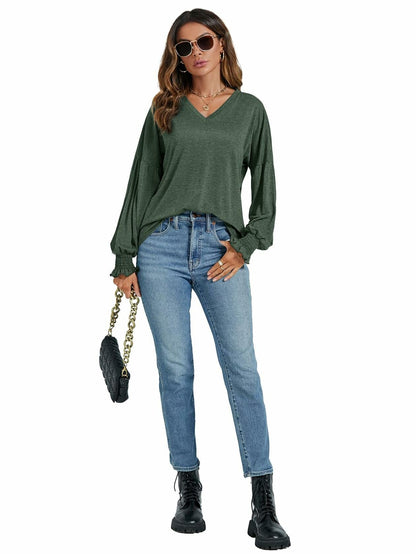 LYANER Women's V Neck Ruffle Lantern Sleeve Blouse Top Dark Green Size S