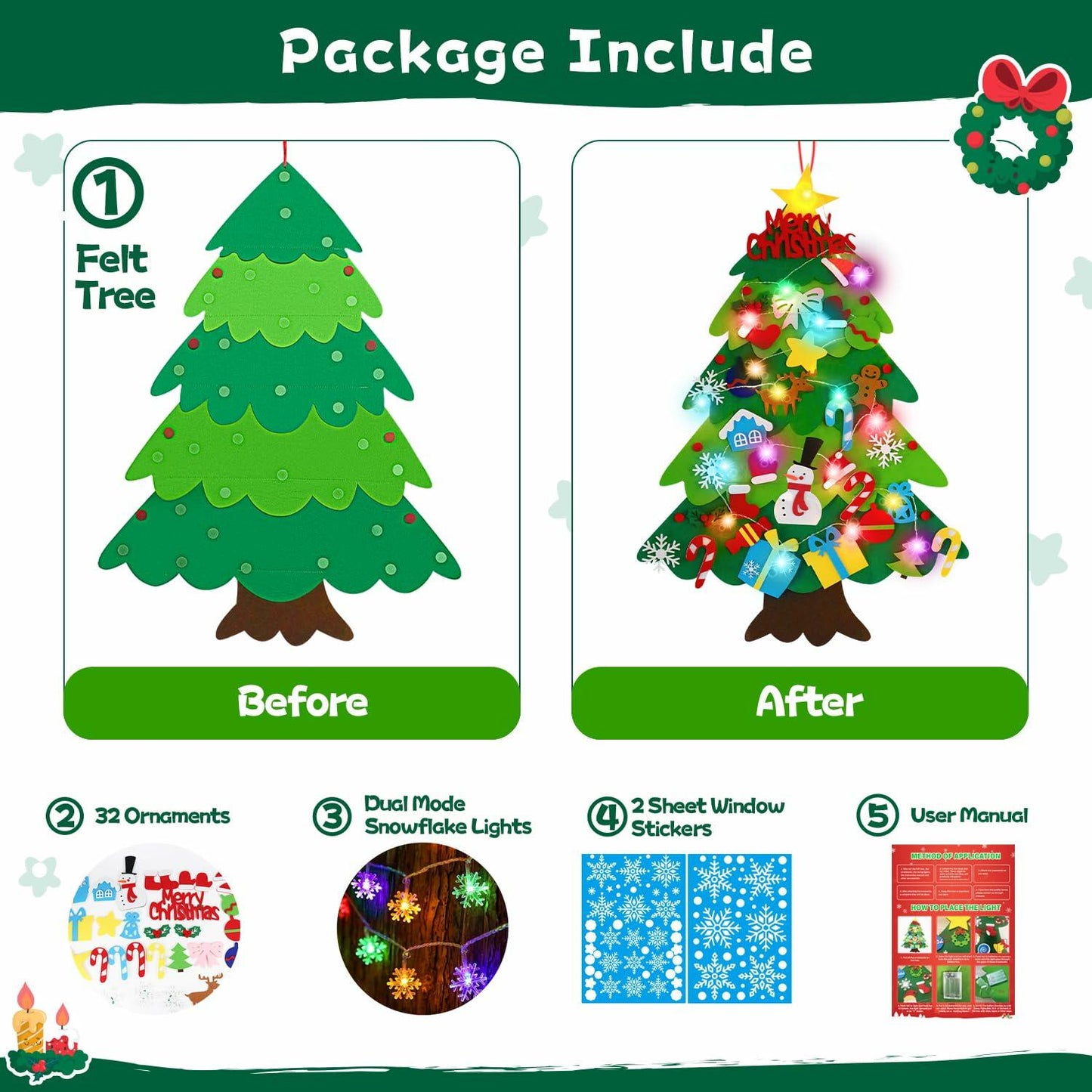 EMPOF Felt Christmas Tree 3.3ft DIY Set w/Lights & 32 Ornaments Colorful