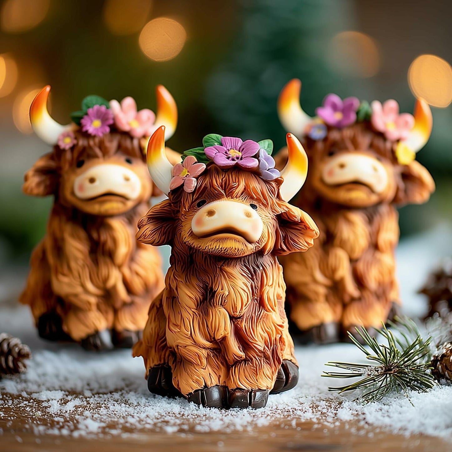 NEROSUN Highland Cow Figurines Set of 3 Brown Resin Scottish Decor