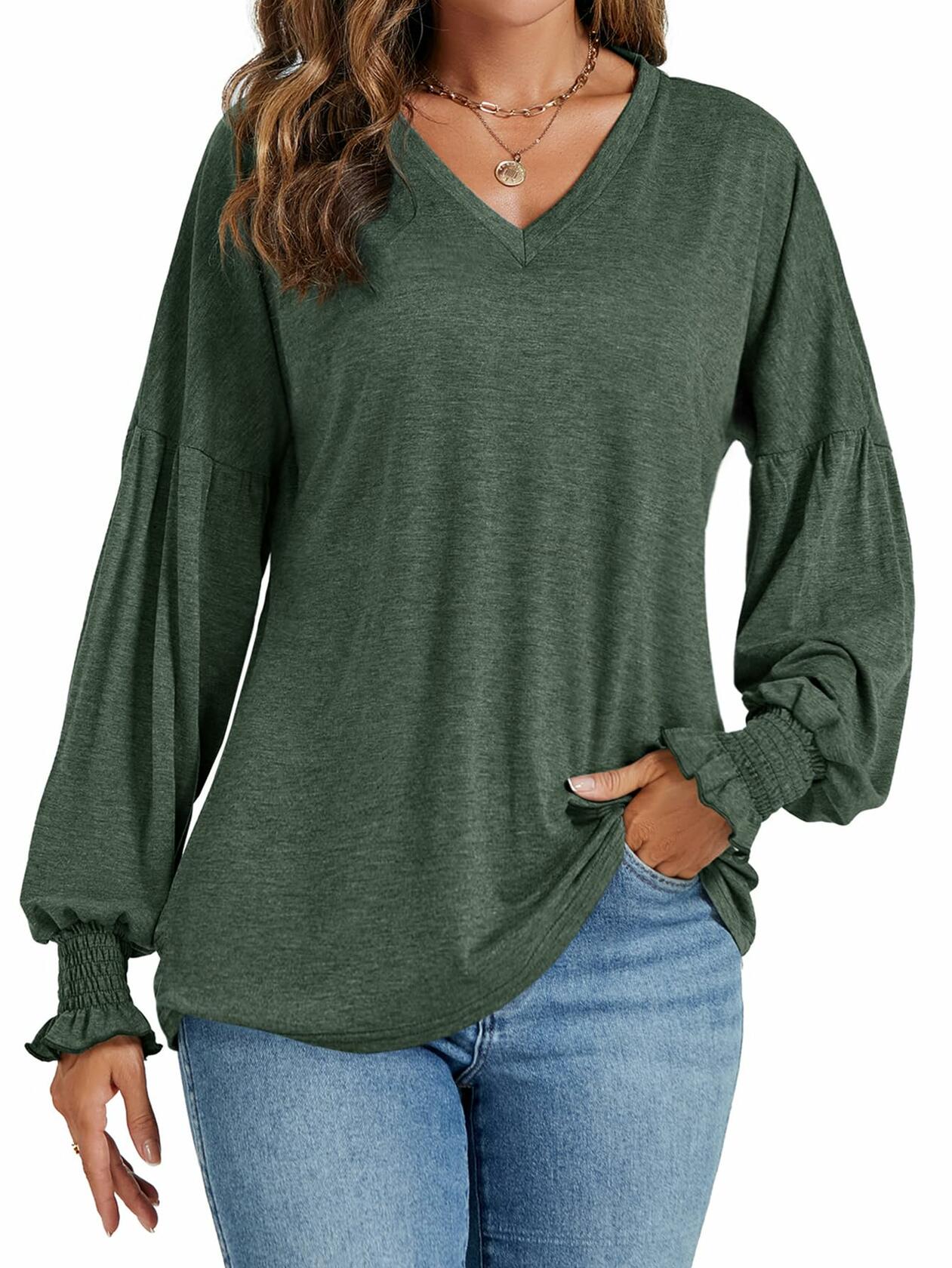 LYANER Women's V Neck Ruffle Lantern Sleeve Blouse Top Dark Green Size S