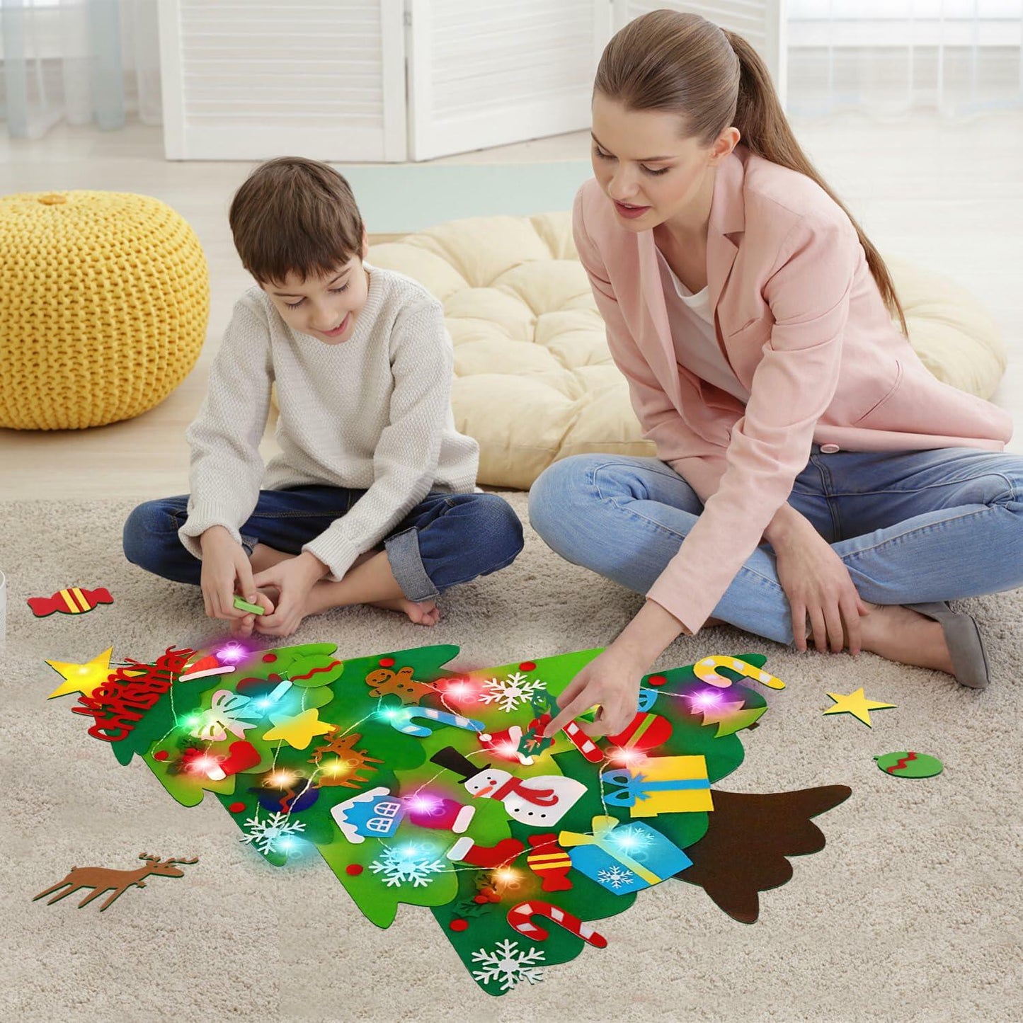 EMPOF Felt Christmas Tree 3.3ft DIY Set w/Lights & 32 Ornaments Colorful