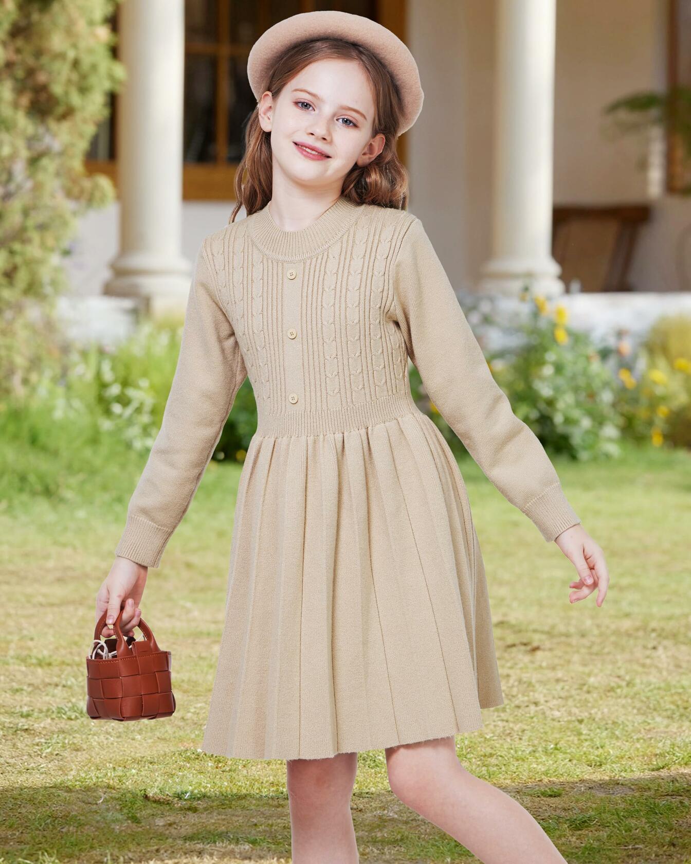 WULFUL Girls Sweater Dress Long Sleeve Button Pleated Knit Light Blue Size 7-8Y