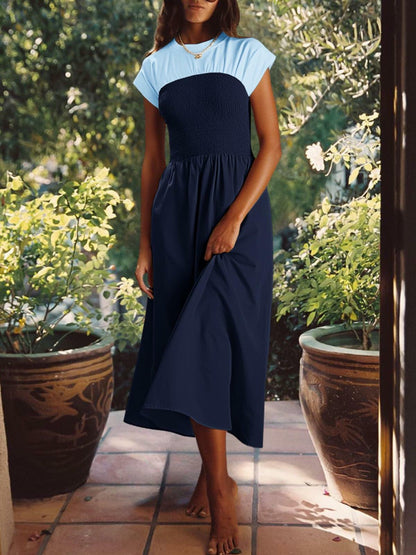 Wenrine Womens Casual Summer Midi Dress Smocked Cap Sleeve Navy Size S