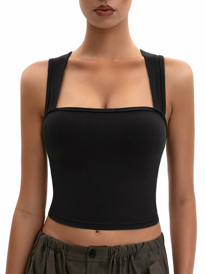 MOSSROZZ Crop Tank Top Black Ribbed Athletic Slim Fit Wide Strap Size XS