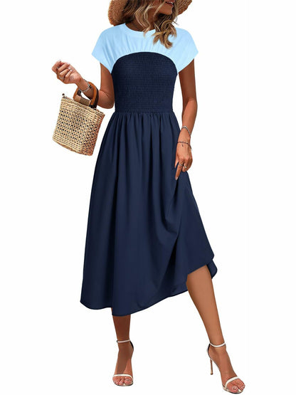 Wenrine Womens Casual Summer Midi Dress Smocked Cap Sleeve Navy Size S