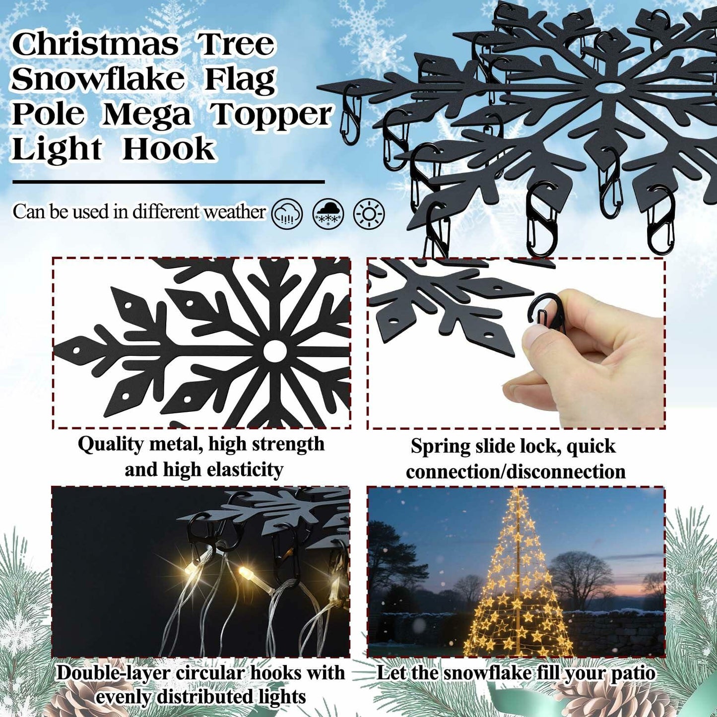 Voccos Christmas Tree Flag Pole Mega Topper Light Hooks Metal Snowflake 24 Hooks