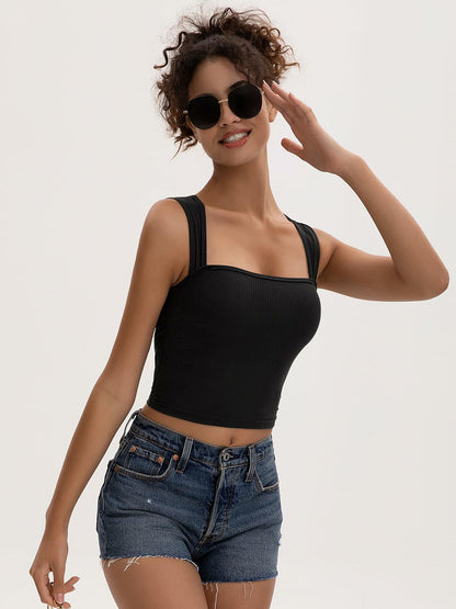 MOSSROZZ Crop Tank Top Black Ribbed Athletic Slim Fit Wide Strap Size XS