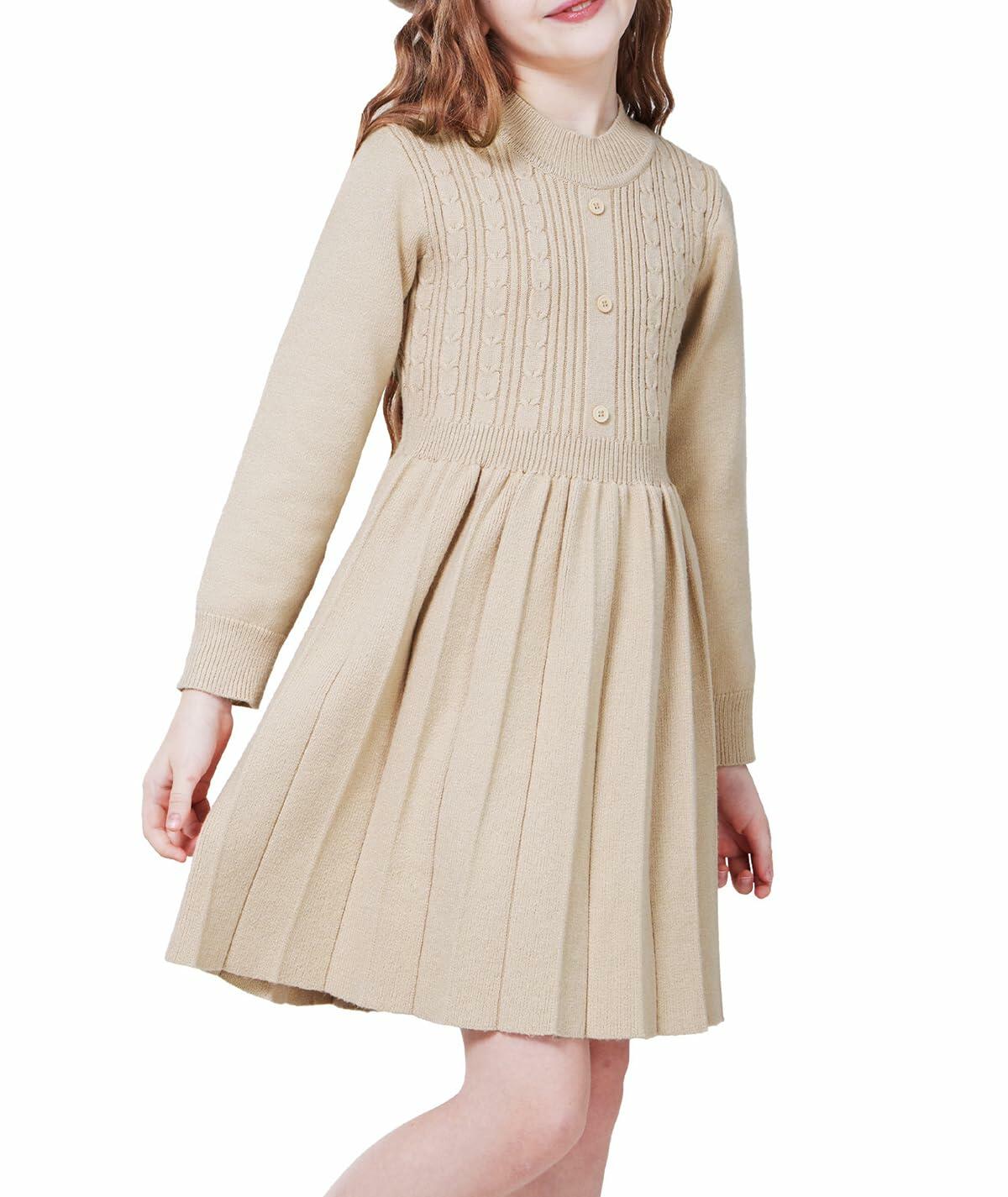 WULFUL Girls Sweater Dress Long Sleeve Button Pleated Knit Light Blue Size 7-8Y