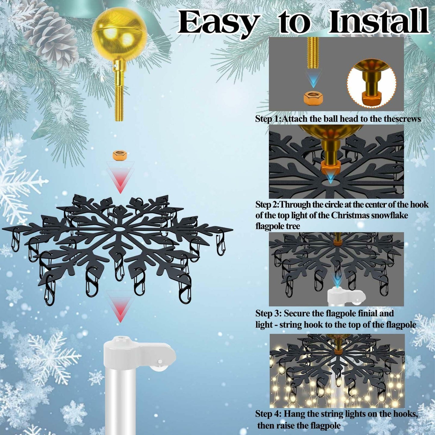 Voccos Christmas Tree Flag Pole Mega Topper Light Hooks Metal Snowflake 24 Hooks