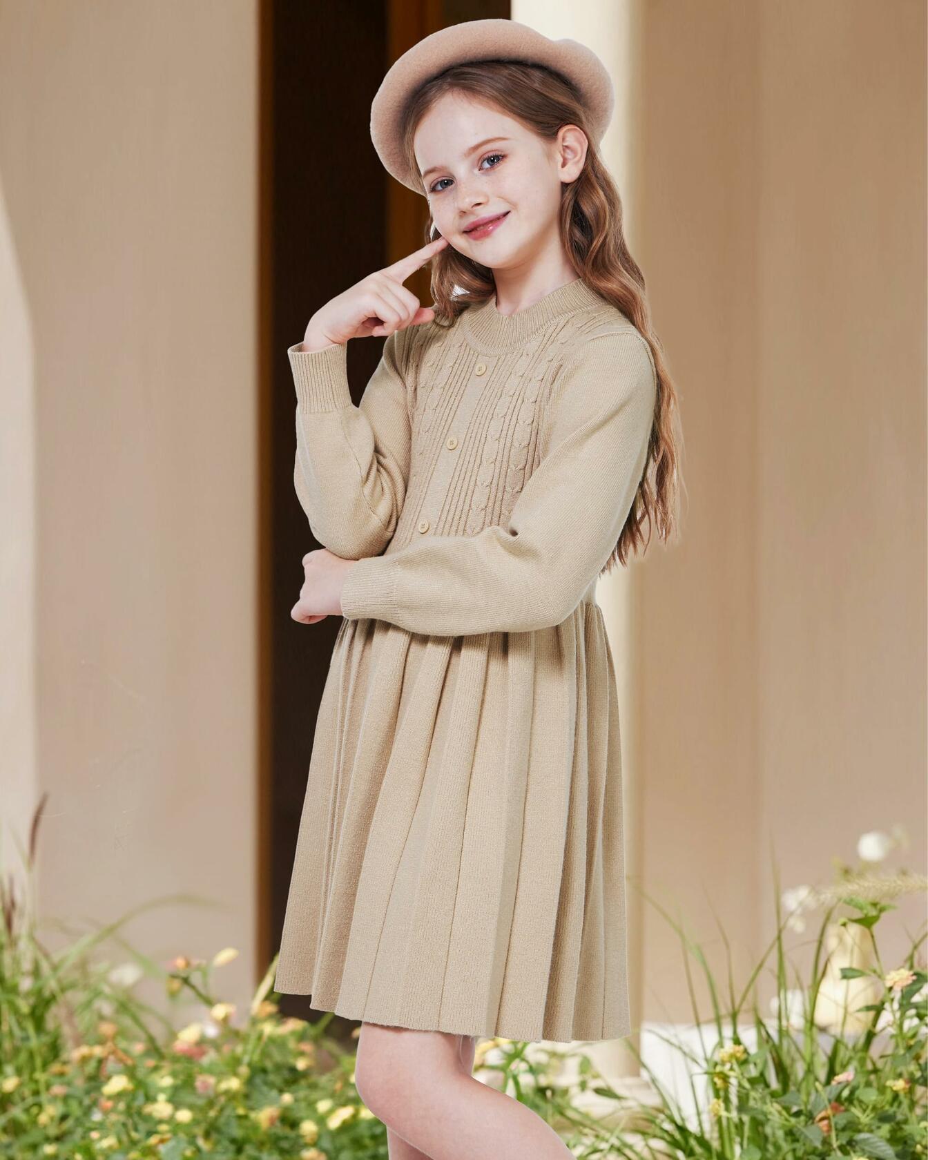 WULFUL Girls Sweater Dress Long Sleeve Button Pleated Knit Light Blue Size 7-8Y