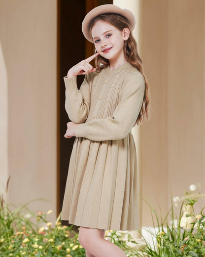 WULFUL Girls Sweater Dress Long Sleeve Button Pleated Knit Light Blue Size 7-8Y