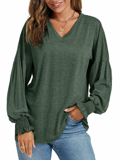 LYANER Women's V Neck Ruffle Lantern Sleeve Blouse Top Dark Green Size S