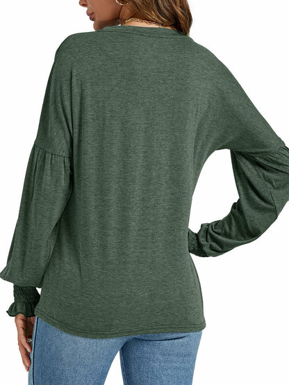 LYANER Women's V Neck Ruffle Lantern Sleeve Blouse Top Dark Green Size S
