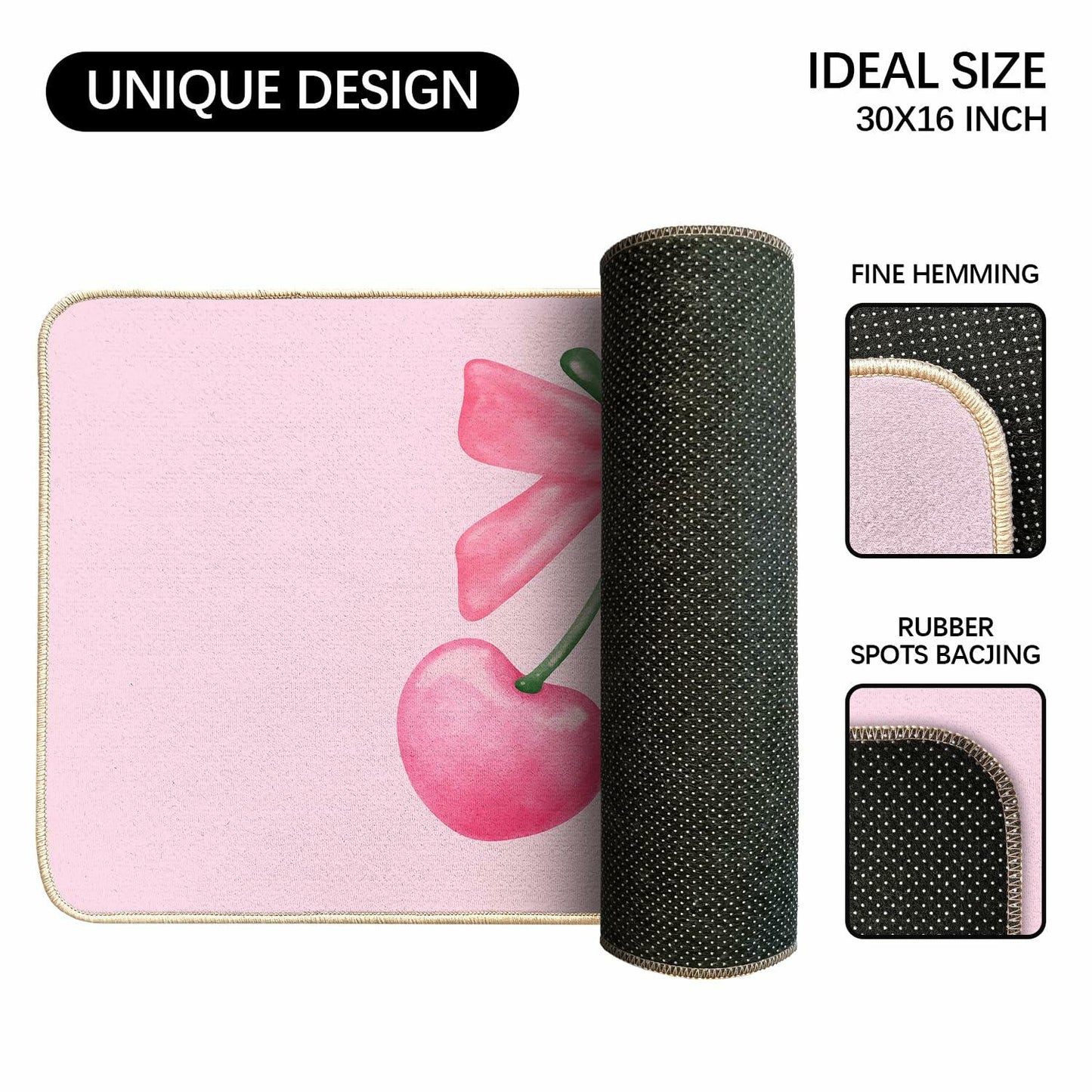 ETYZE Pink Welcome Mat Indoor Front Door Cherry Bow 30x16 Inch Polyester