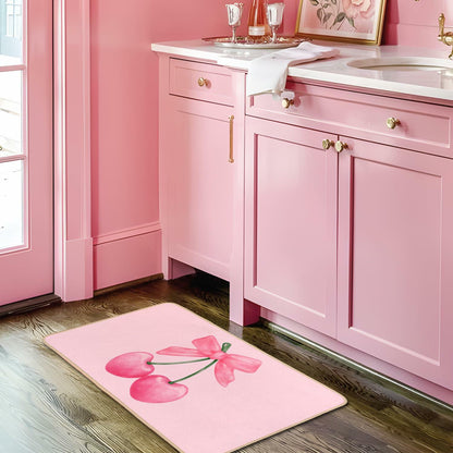 ETYZE Pink Welcome Mat Indoor Front Door Cherry Bow 30x16 Inch Polyester