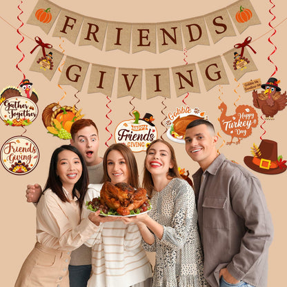 Friendsgiving Party Decorations Banner Hanging Swirls Turkey Pumpkin Maple