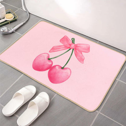 ETYZE Pink Welcome Mat Indoor Front Door Cherry Bow 30x16 Inch Polyester