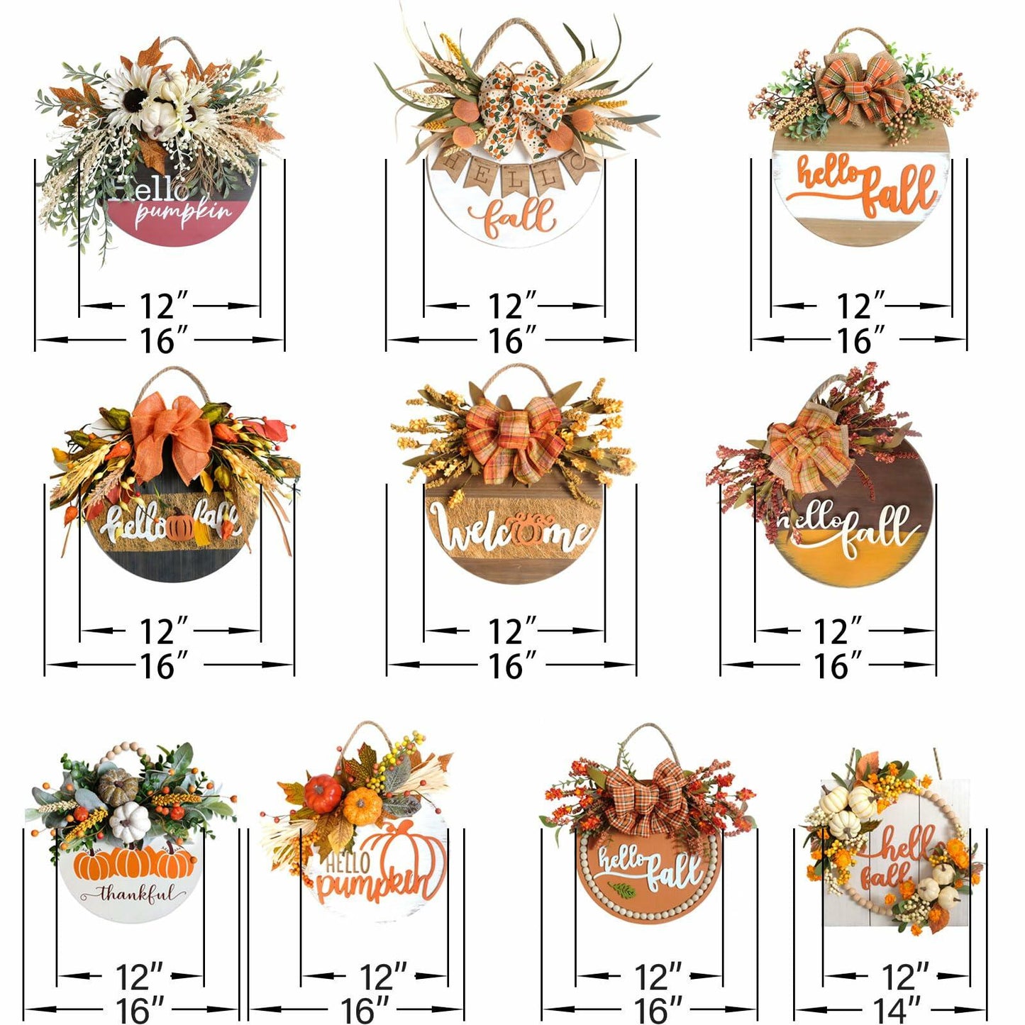 idyllic Hello Pumpkin Wreath Sign Front Door Decor Wood 16" Cream