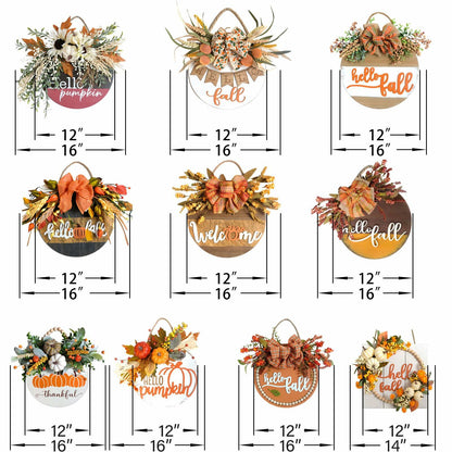 idyllic Hello Pumpkin Wreath Sign Front Door Decor Wood 16" Cream
