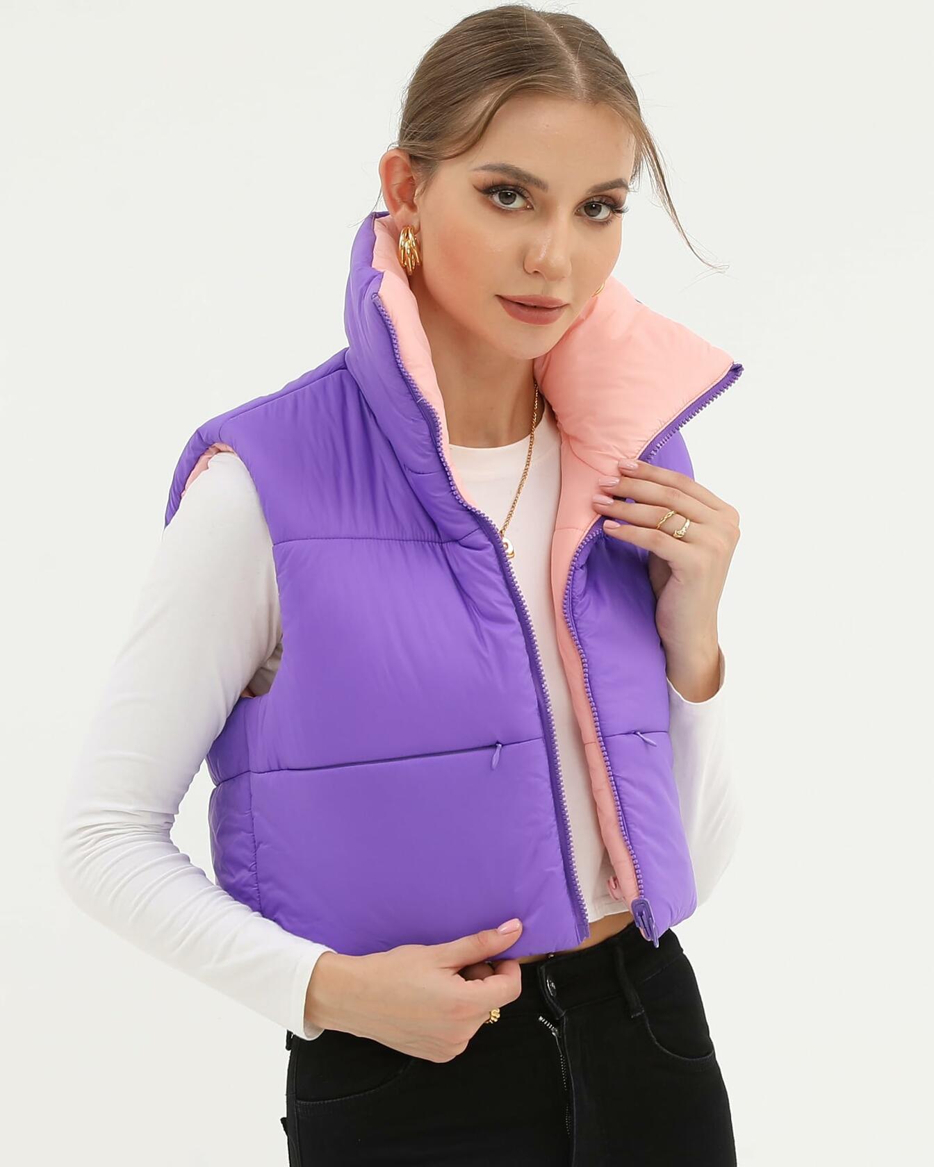 Xeoxarel Women's Puffer Vest Sleeveless Warm Outerwear Purple Pink Size XL