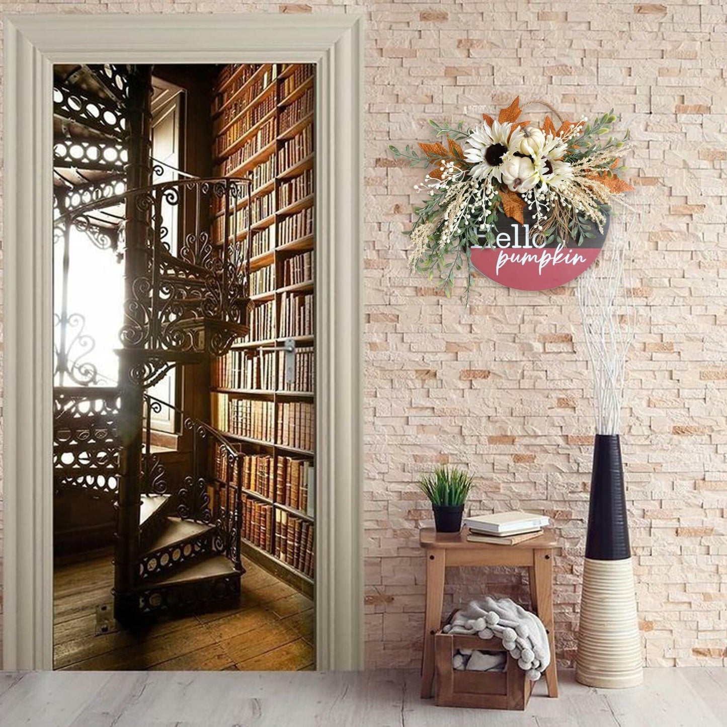 idyllic Hello Pumpkin Wreath Sign Front Door Decor Wood 16" Cream
