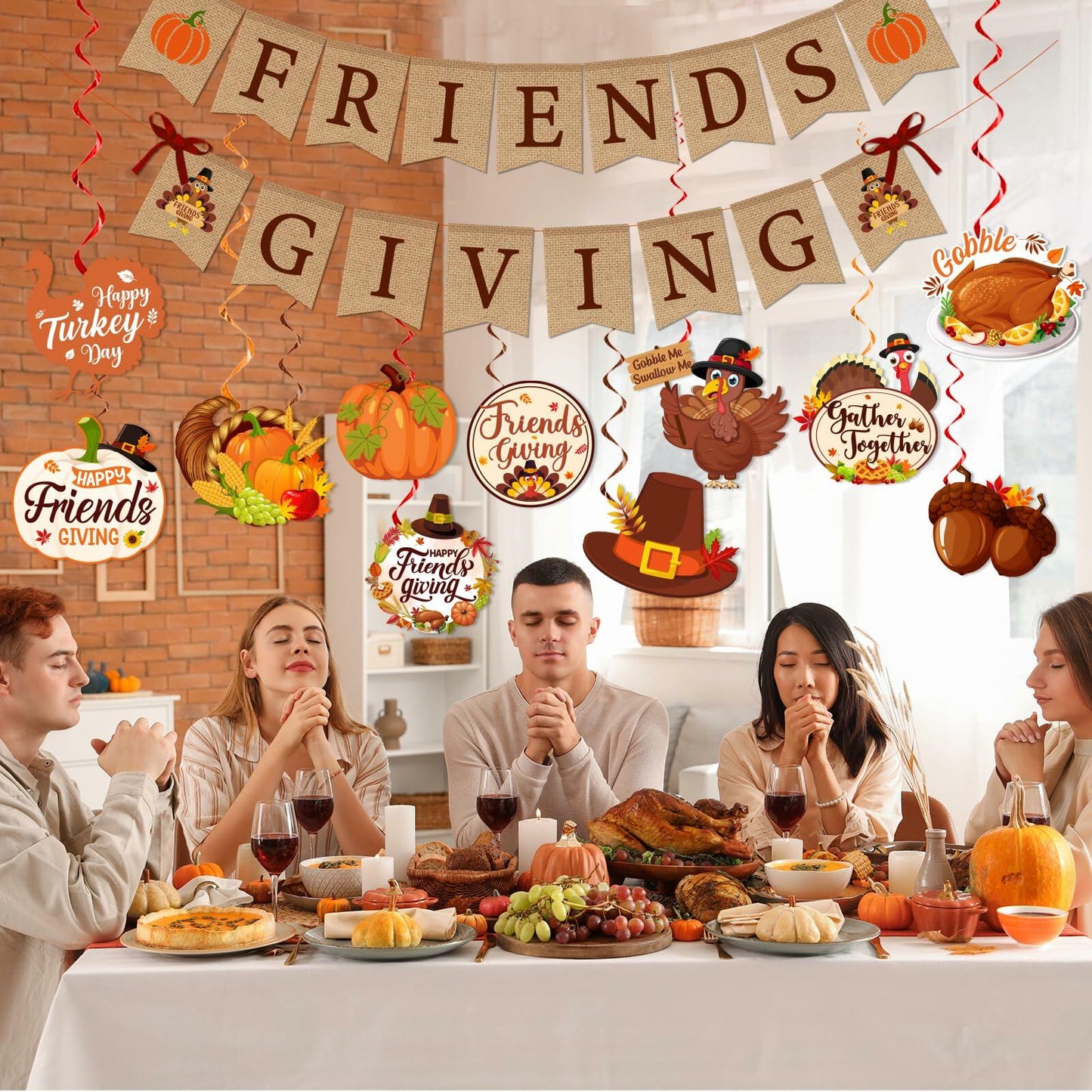 Friendsgiving Party Decorations Banner Hanging Swirls Turkey Pumpkin Maple