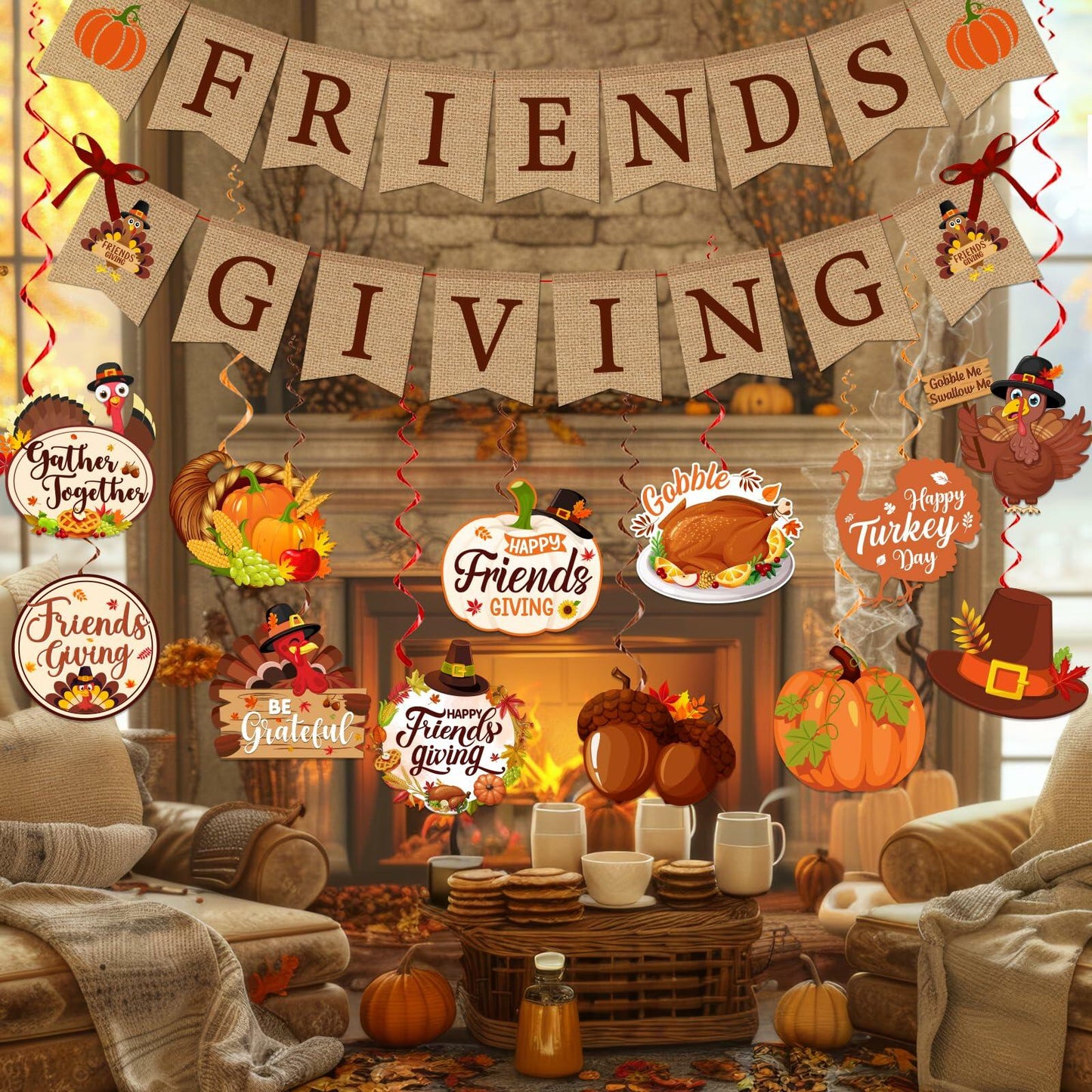 Friendsgiving Party Decorations Banner Hanging Swirls Turkey Pumpkin Maple
