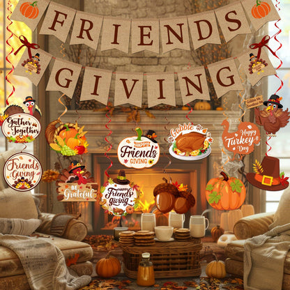 Friendsgiving Party Decorations Banner Hanging Swirls Turkey Pumpkin Maple