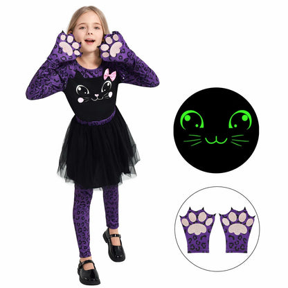 Weixinbuy Girls Leopard Cat Costume Glow Dark Halloween Dress Purple Size 3-4T