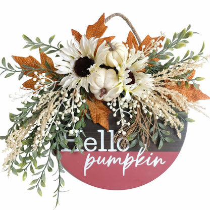 idyllic Hello Pumpkin Wreath Sign Front Door Decor Wood 16" Cream