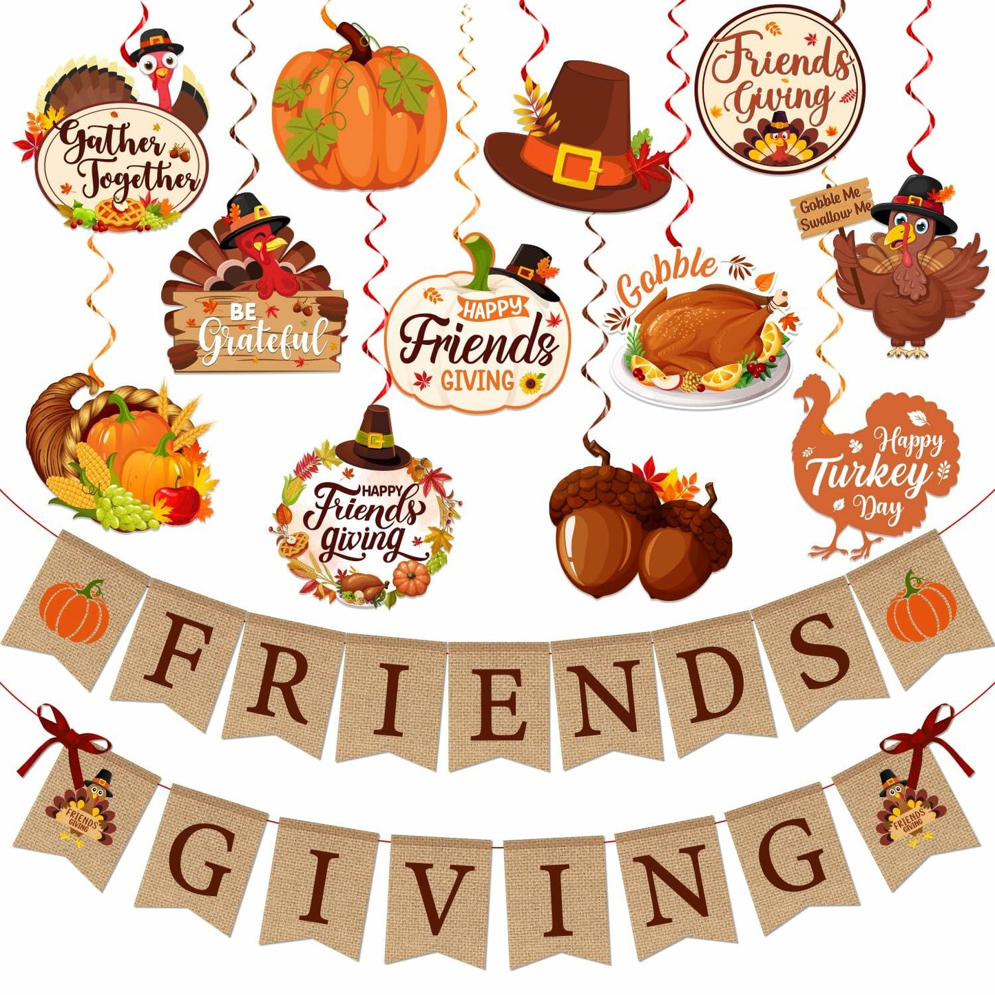 Friendsgiving Party Decorations Banner Hanging Swirls Turkey Pumpkin Maple