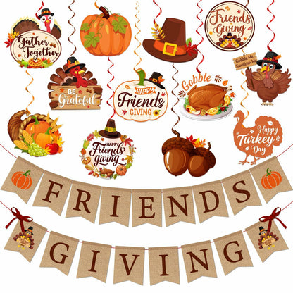 Friendsgiving Party Decorations Banner Hanging Swirls Turkey Pumpkin Maple