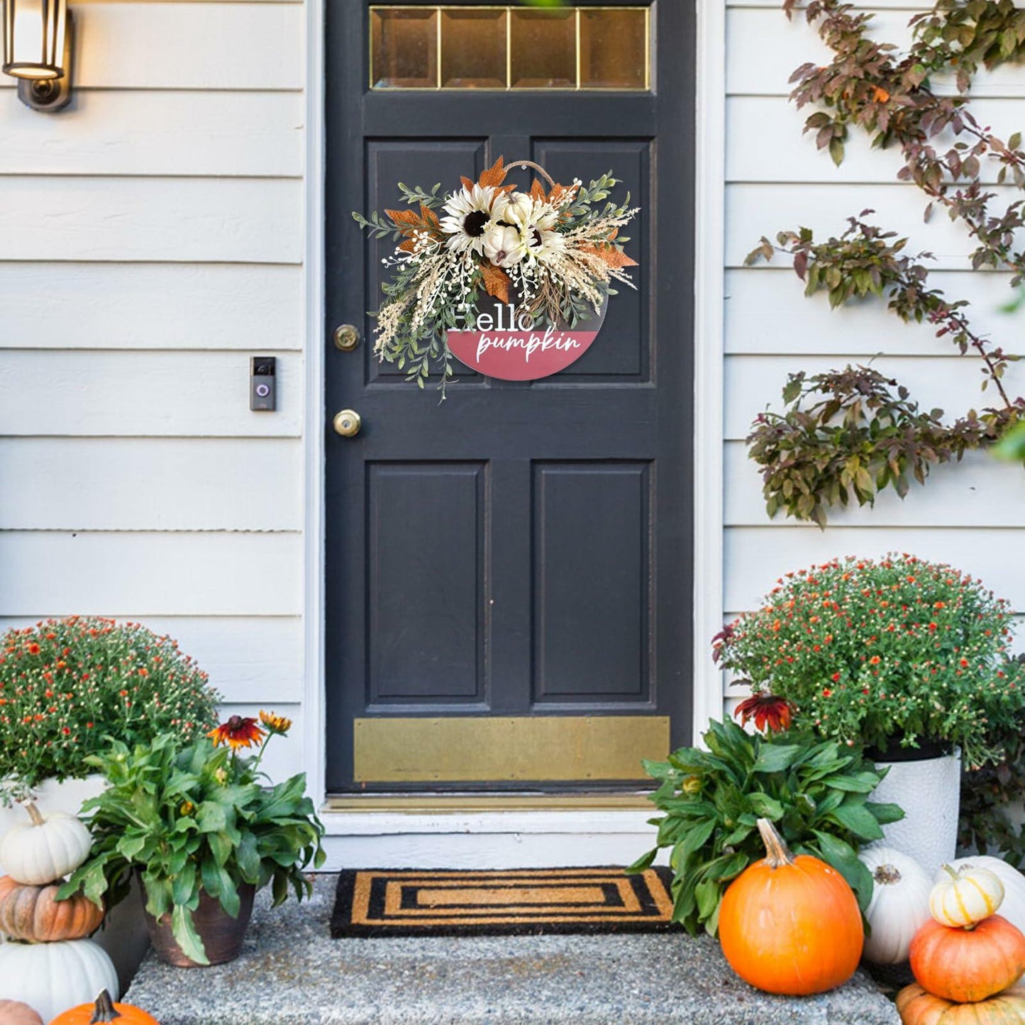 idyllic Hello Pumpkin Wreath Sign Front Door Decor Wood 16" Cream