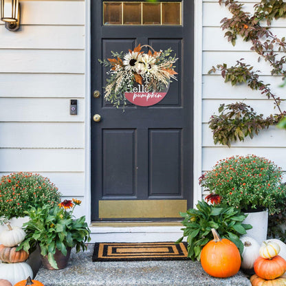 idyllic Hello Pumpkin Wreath Sign Front Door Decor Wood 16" Cream