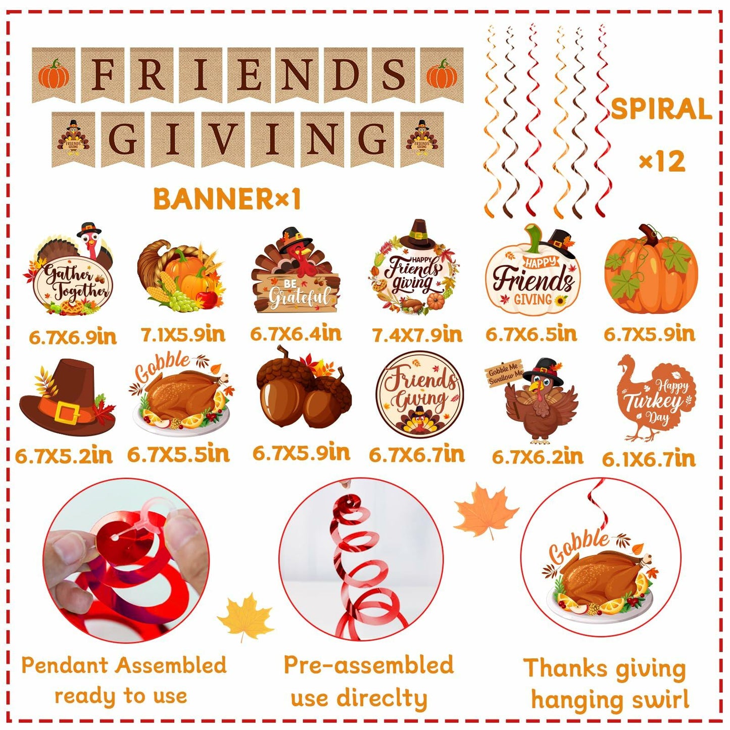 Friendsgiving Party Decorations Banner Hanging Swirls Turkey Pumpkin Maple