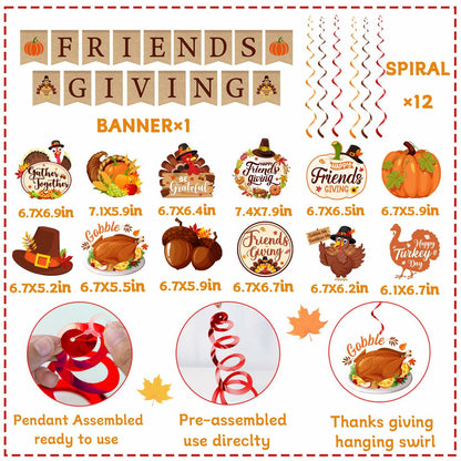 Friendsgiving Party Decorations Banner Hanging Swirls Turkey Pumpkin Maple