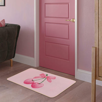 ETYZE Pink Welcome Mat Indoor Front Door Cherry Bow 30x16 Inch Polyester