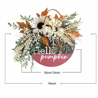 idyllic Hello Pumpkin Wreath Sign Front Door Decor Wood 16" Cream