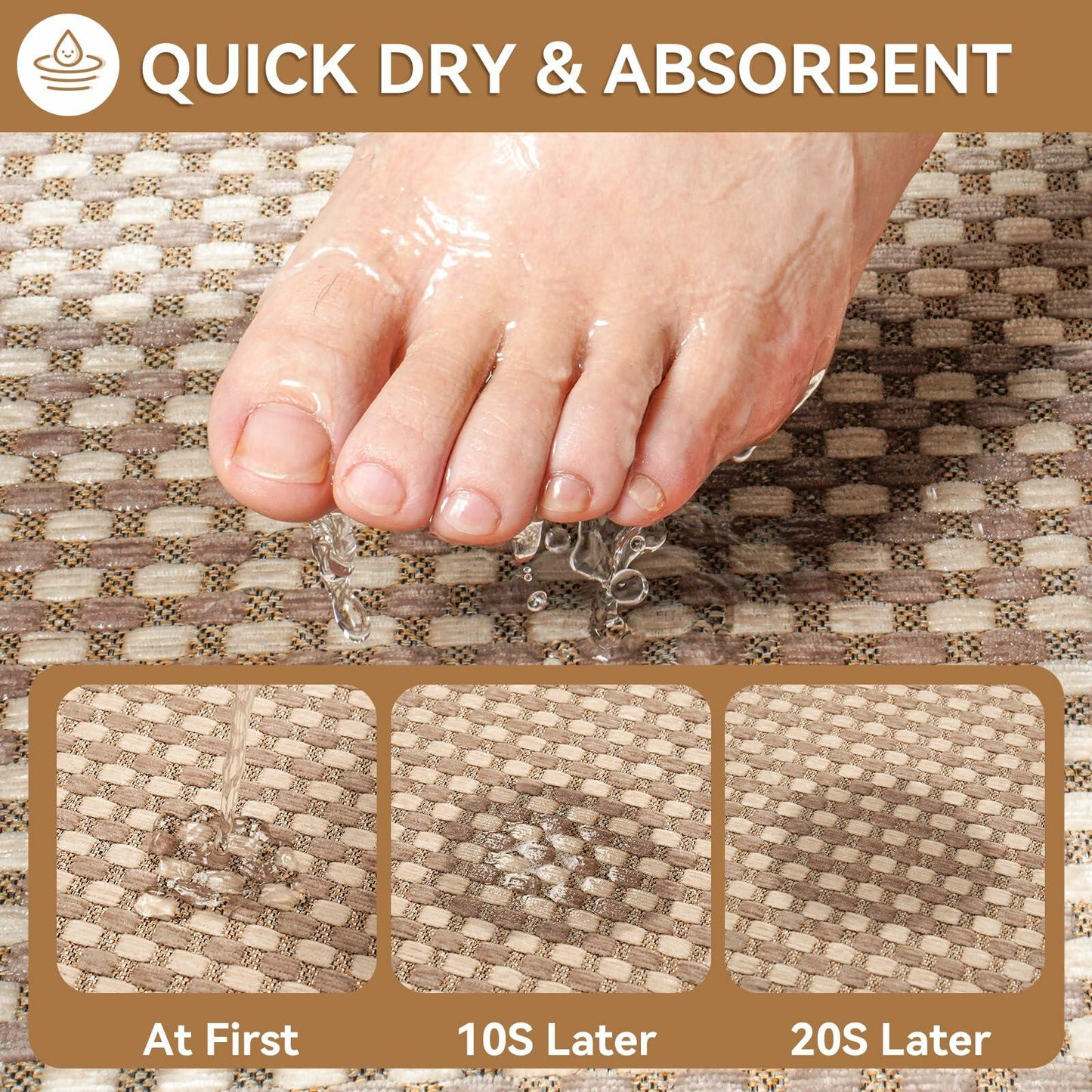 YDKGL Non Slip Bath Mat Braided Rubber Backing Brown 24x35 Polyester