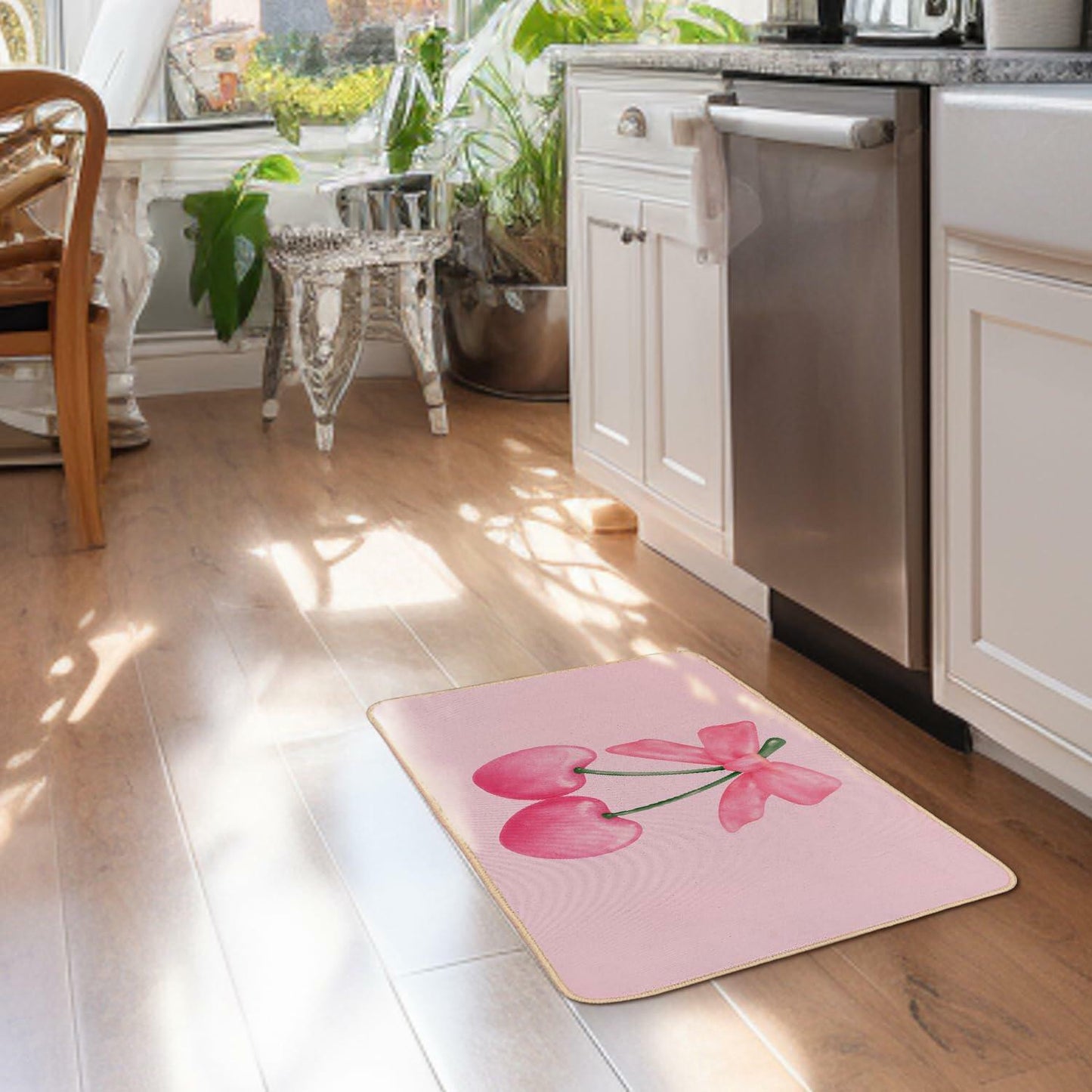 ETYZE Pink Welcome Mat Indoor Front Door Cherry Bow 30x16 Inch Polyester