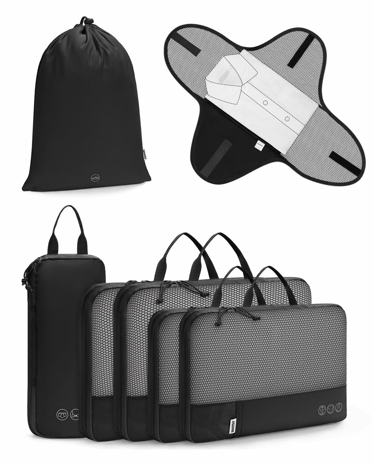 WANDF 7-Pc Compression Packing Cubes Travel Organizer Bags Set Khaki Size Large