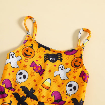 Guodeunh Toddler Girls Halloween Pumpkin Spider Romper Orange Size 4-5T