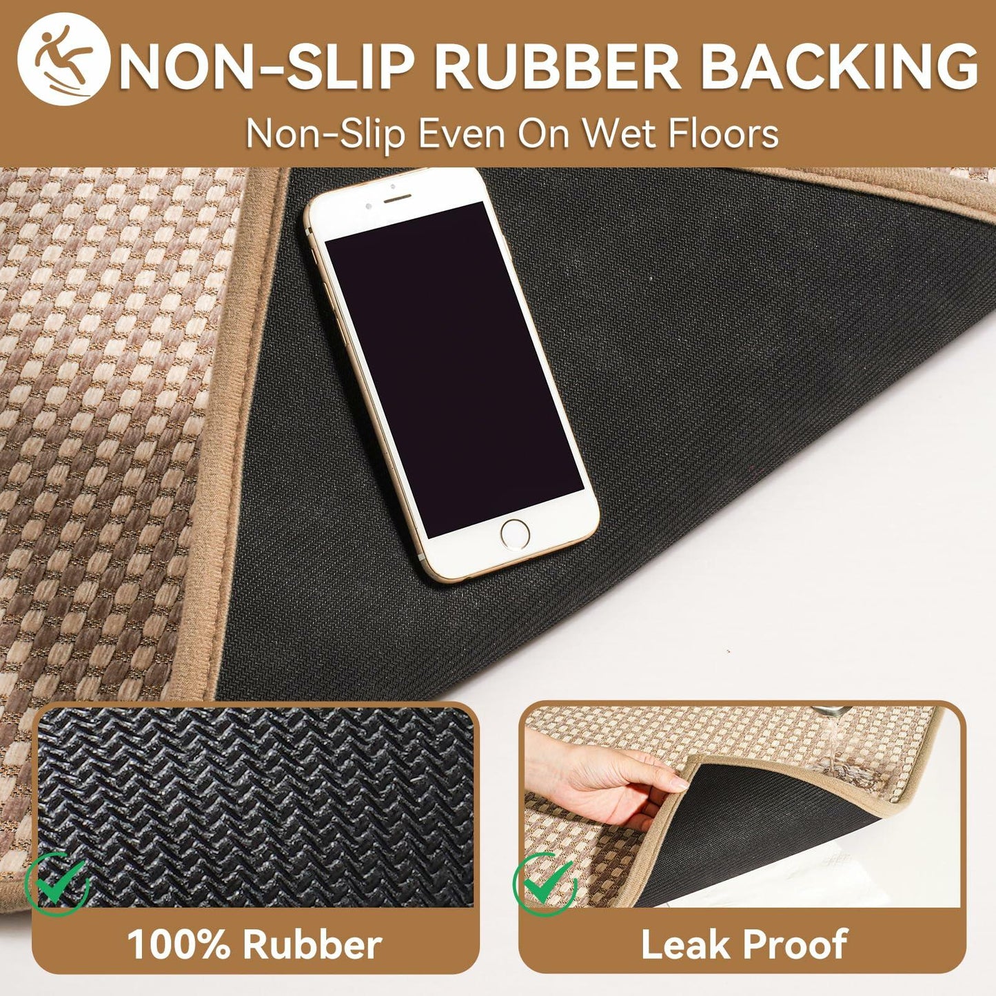 YDKGL Non Slip Bath Mat Braided Rubber Backing Brown 24x35 Polyester
